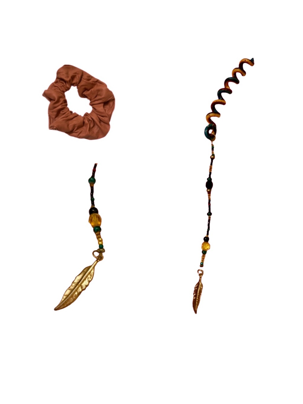 Multicolor Hair Coil with Beaded Dangle/Feather Charm & Faux Leather Scrunchie